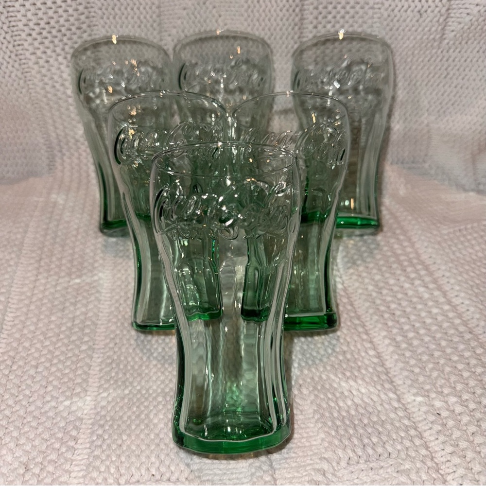 Vintage Coca-Cola Light Green Embossed Glasses, Mini 6 oz, 4.5" Set of 6